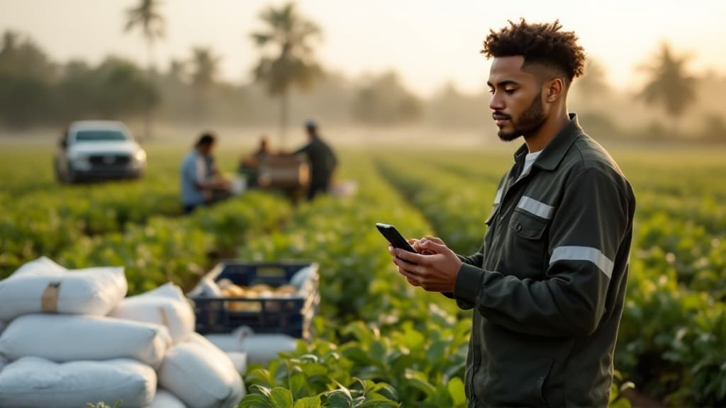 Plantation field supervisor using PlantationPulse Ops on a smartphone to track harvest data in the field