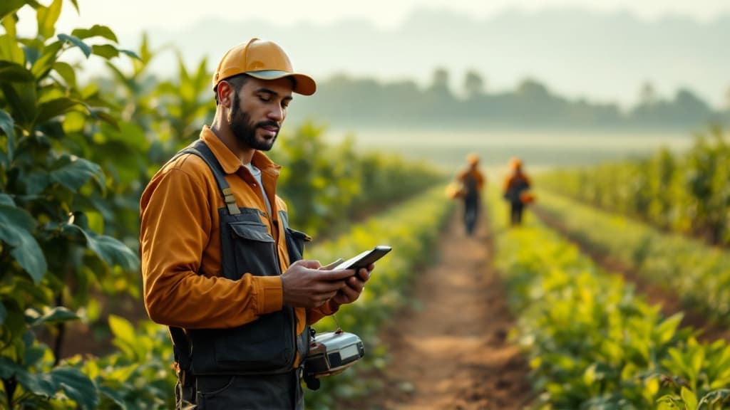 Estate manager using a tablet to review field operations data among plantation rows