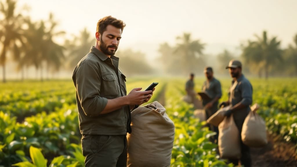 Field workers using mobile technology to manage plantation harvest operations